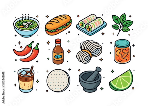 Vietnamese Cuisine Icons. Vietnamese Cuisine. Colorful isometric