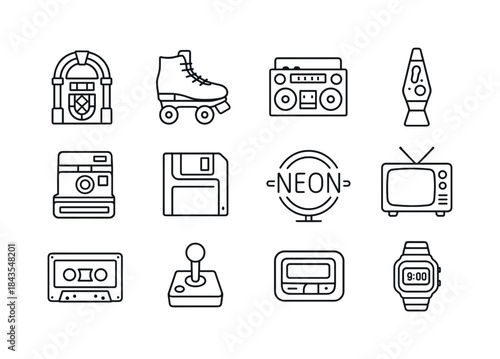 Retro Icon Set. Flea Market Retro Finds. Line icon set of Flea M
