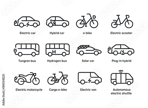 Sustainable Vehicle Icons. Sustainable Vehicles. Line icon set o