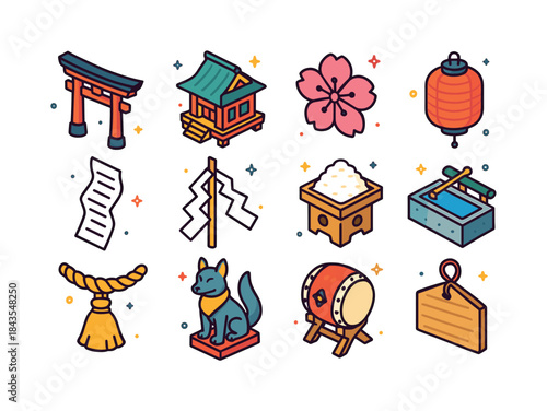 Shinto Icon Set. Shinto. Colorful isometric vector icons set of