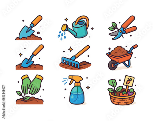 Garden Tools Icons. Gardener tools in action. Colorful isometric