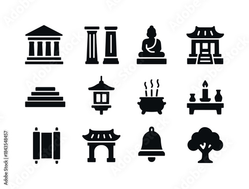 Historic Temple Icons. Historic temples. Solid icon set of histo
