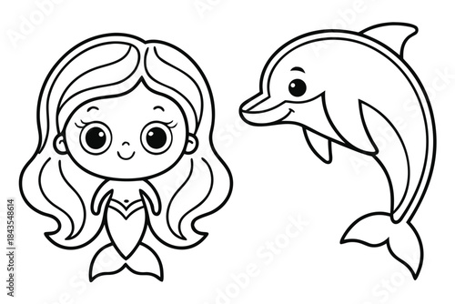 Magical black and white mermaid, kids coloring page, fantasy underwater world
