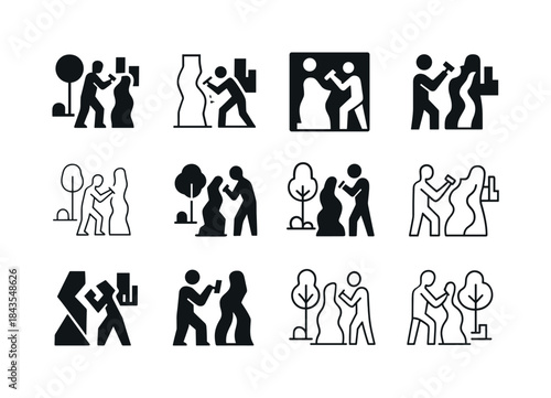 Sculptor's Creative Icon Set. A sculptor designing a public art