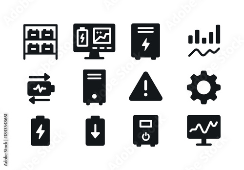 Energy Management Icons. Energy storage system manager. Solid ic