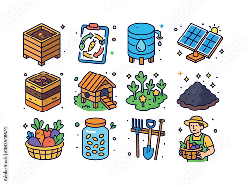 Zero Waste Farm Icons. Zero waste farming. Colorful isometric ve