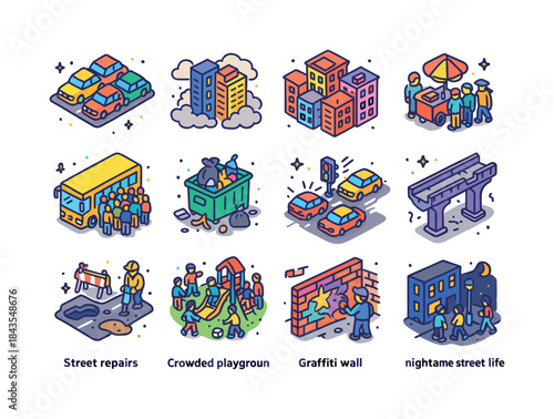 Urban Challenges Icons. Urban challenges. Colorful isometric vec