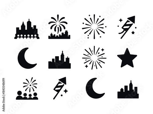 Fireworks Over Skyline. Holiday fireworks exploding over a city