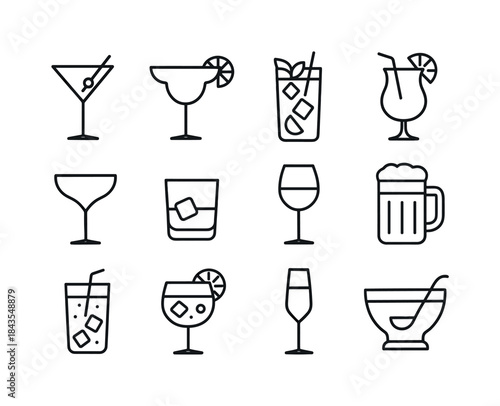 Cocktail Icon Grid. Cocktails & drinks. Line icon set of Cocktai