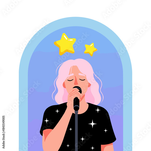 Young person singing with stars above their head in a dreamy archway