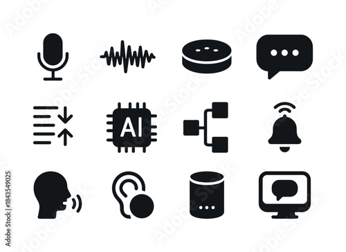 Voice Assistant Icons. Voice assistant ecosystem. Solid icon set