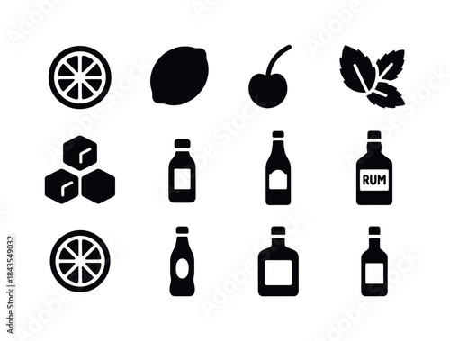 Cocktail Ingredients Icons. Cocktail ingredients. Solid icon set