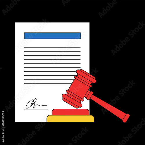 Legal document with judge s gavel and signature on a black background
