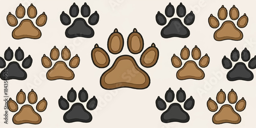 Black and white vector seamless pattern illustration of various animal paw prints and footprints, perfect for pet nature wallpaper design