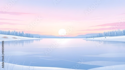 New Year's Illustration of Sunrise Rising Between Winter Lake and Snowy Forest Scenery 겨울호수와 눈쌓인 숲 풍경 사이로 일출이 떠오르는 새해 일러스트