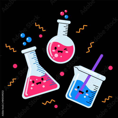 Cute cartoon chemistry lab equipment with happy faces and colorful liquids