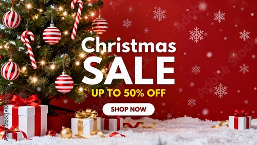 Christmas Sale Banner with Decorated Tree, Gifts and Up to 50 Percent Discount Offer