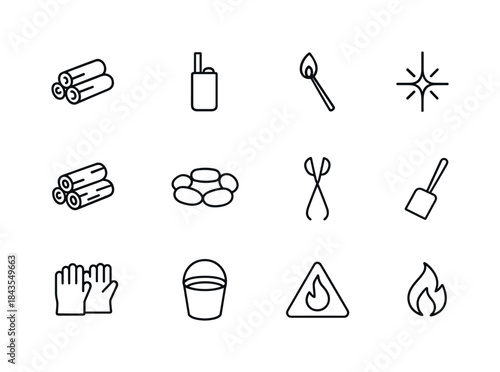 Campfire Essentials Icons. Campfire essentials. Line icon set of