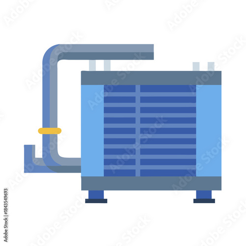 Isolated blue industrial chiller unit with pipes on black