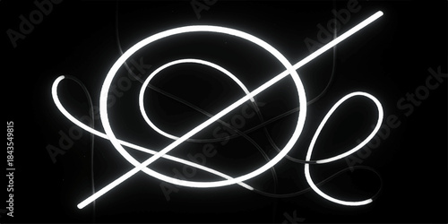 Glow-in-the-dark blue atom symbol on a textured black blackboard with futuristic digital line art motion pattern illustration