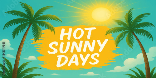 Tropical summer vacation landscape vector illustration with palm trees, sea waves, and sunset sky