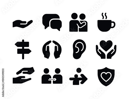 Support Icon Set. Seeking support. Solid icon set of Seeking sup