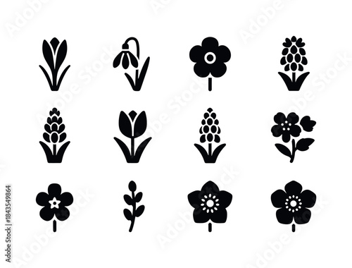 Spring Flower Icons. Spring bee flowers. Solid icon set of sprin