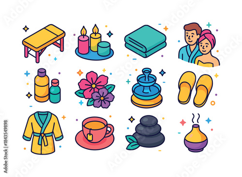 Spa Retreat Icon Set. Spa Retreats. Colorful isometric vector ic