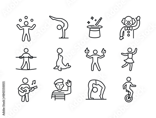 Circus Icons. Circus performance acts. Line icon set of Circus p