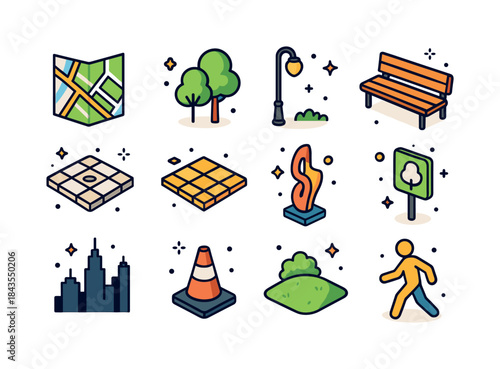 Colorful Urban Icons Grid. Urban design. Colorful isometric vect
