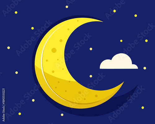 Crescent moon and stars in dark blue night sky with small cloud
