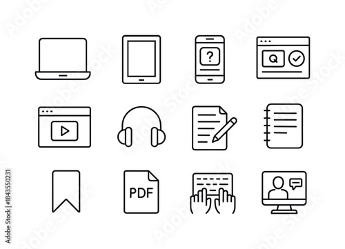 E-Learning Icon Set. E-Learning Tools. Line icon set of E-Learni