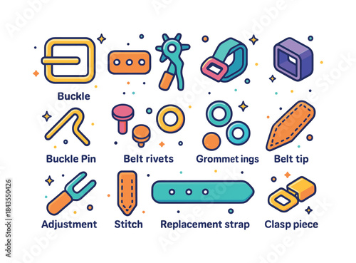 Belt Accessories Icons. Belt Accessories. Colorful isometric vec