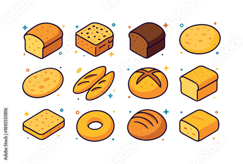 Colorful Bread Icons. Bread types. Colorful isometric vector ico