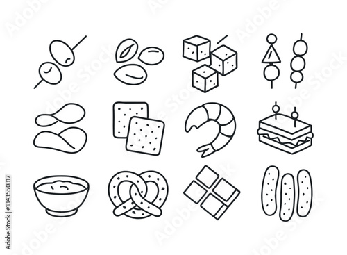 Cocktail Party Snack Icons. Cocktail party snacks. Line icon set
