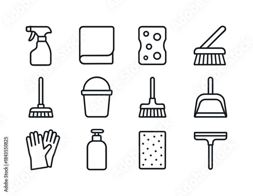 Essential Cleaning Icons. Essential cleaning tools. Line icon se