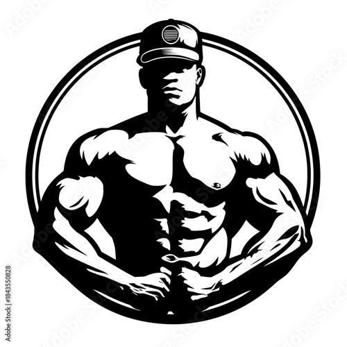 Muscular man in hat silhouette logo emblem design illustration