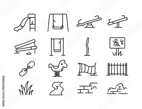 Abandoned Playground Icons. Dilapidated Playground. Line icon se