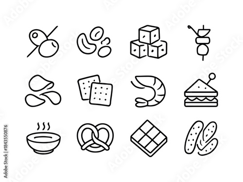 Cocktail Party Snack Icons. Cocktail party snacks. Line icon set