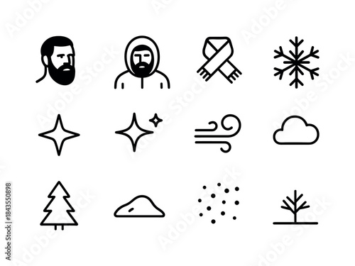 Bearded Man Icons. Bearded man in snowstorm. Line outline icon set of Bearded man in snowstorm: bearded face