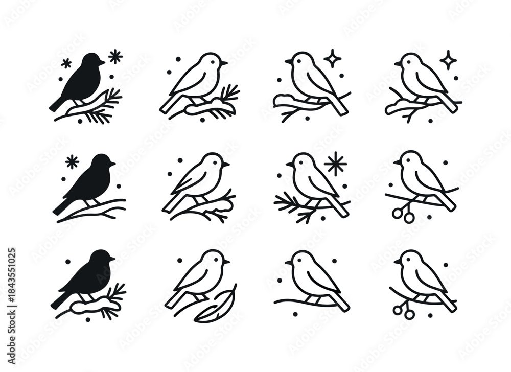 Obraz premium Snowy Branch Bird Icons. Birds sitting on snowy branches. Line outline icon set of Birds sitting on snowy