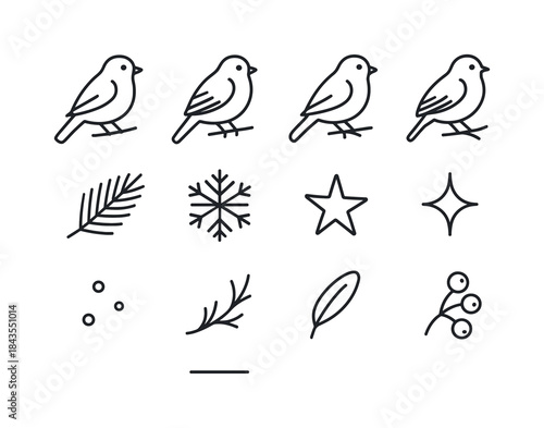 Winter Bird Icons. Winter perching birds. Line outline icon set of Winter perching birds: bird icon, perched