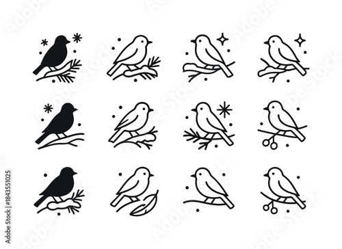 Snowy Branch Bird Icons. Birds sitting on snowy branches. Line outline icon set of Birds sitting on snowy