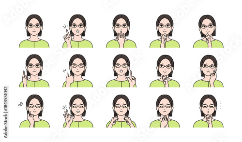 眼鏡をかけた若い女性の様々表情バリエーションセット　ベクター