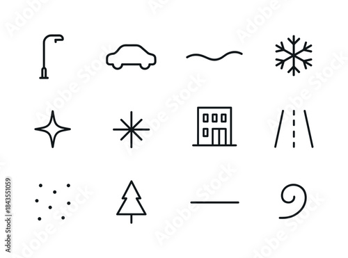 Night Snowfall Icons. Night snowfall long-exposure. Line outline icon set of Night snowfall long-exposure: