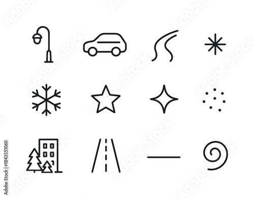 Winter Street Icons. Winter streets long-exposure. Line outline icon set of Winter streets long-exposure:
