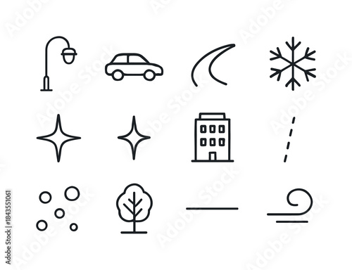 Snowy Street Icon Set. Long-exposure snowy streets. Line outline icon set of Long-exposure snowy streets: