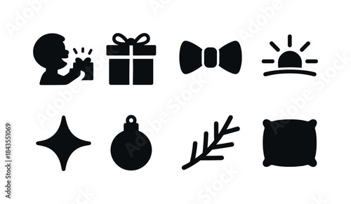 Sunrise Gift Icons. Sunrise gift excitement. Filled icon set of sunrise gift excitement: child silhouette,