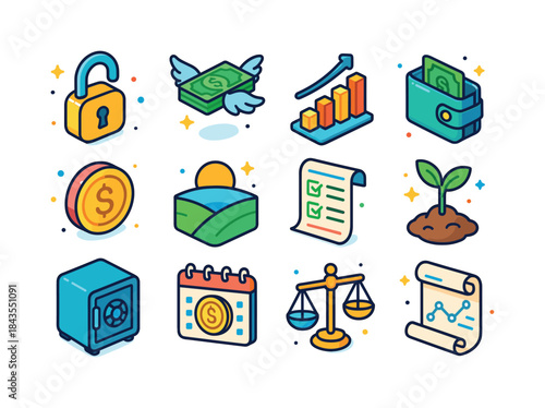 Financial Freedom Icons. Financial freedom. Colorful isometric v
