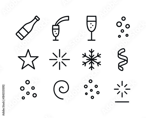 Festive Bubbly Icons. Festive bubbly pour. Line outline icon set of Festive bubbly pour: champagne bottle, arc